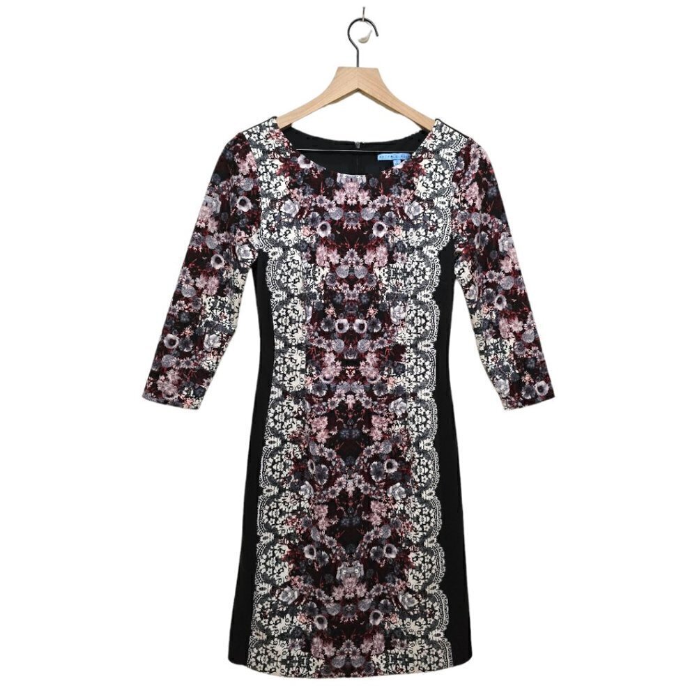 Antonio Melani Black Floral Scoop Neck 3/4 Sleeve Sheath Dress Sz 2